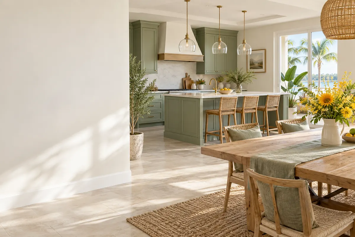 A bright, spotless kitchen and dining area with yellow flowers on the table